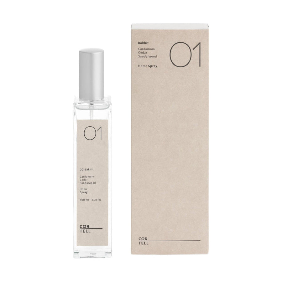 Ambientador spray Cortell de 100 ml en frasco de vidrio, junto a su estuche